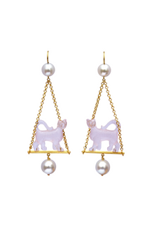 22K Yellow Gold Renaissance Guepard Rose Quartz and Pearl Earrings