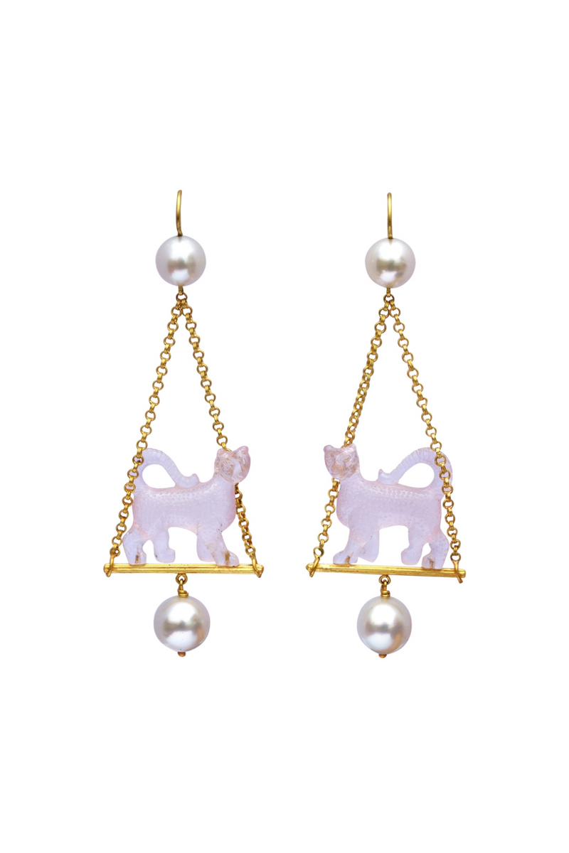 22K Yellow Gold Renaissance Guepard Rose Quartz and Pearl Earrings