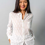 Lace Flower Button Down Blouse M / White