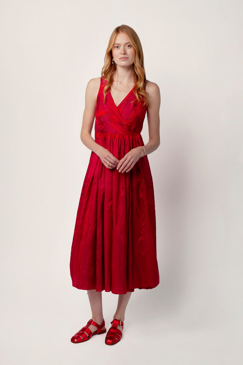 Front view of lipstick rajasthani dress on model wearing red sandals, against a white background.