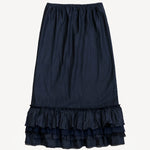 Front view of midnight ruffle skirt on white background, with no model shown.