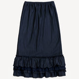 Front view of midnight ruffle skirt on white background, with no model shown.