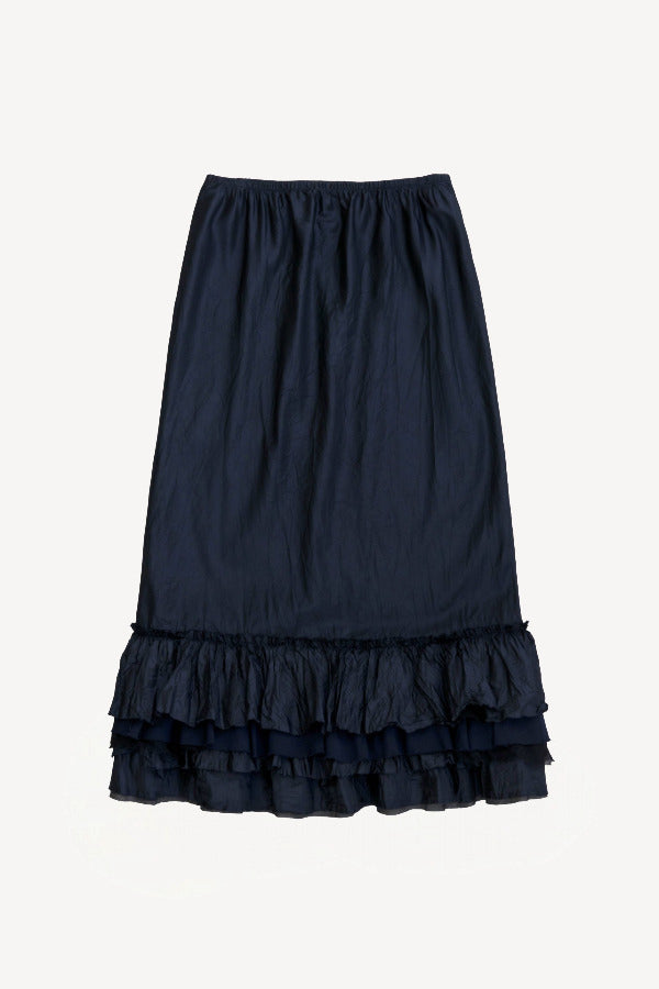 Front view of midnight ruffle skirt on white background, with no model shown.