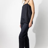 Side view of midnight short chemise on model wearing natural sandals, against a white background.