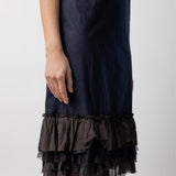 Side closeup view of midnight slip with ruffles on model, against a white background.