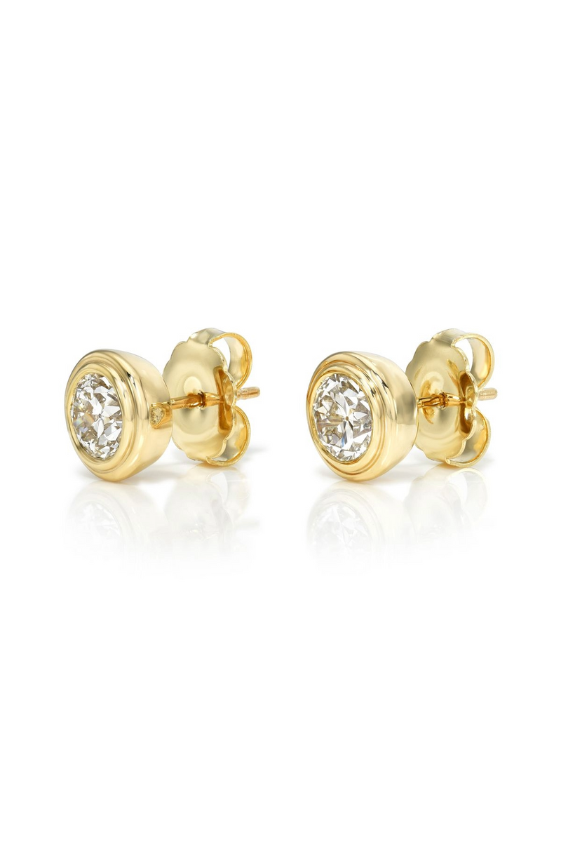 18K Yellow Gold Double Bezel Set Round Brilliant Diamond Earrings