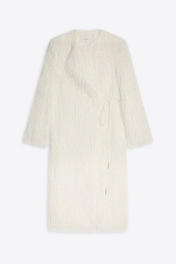 Front view of white Rivla Fringed Coat on white background, with no model shown.