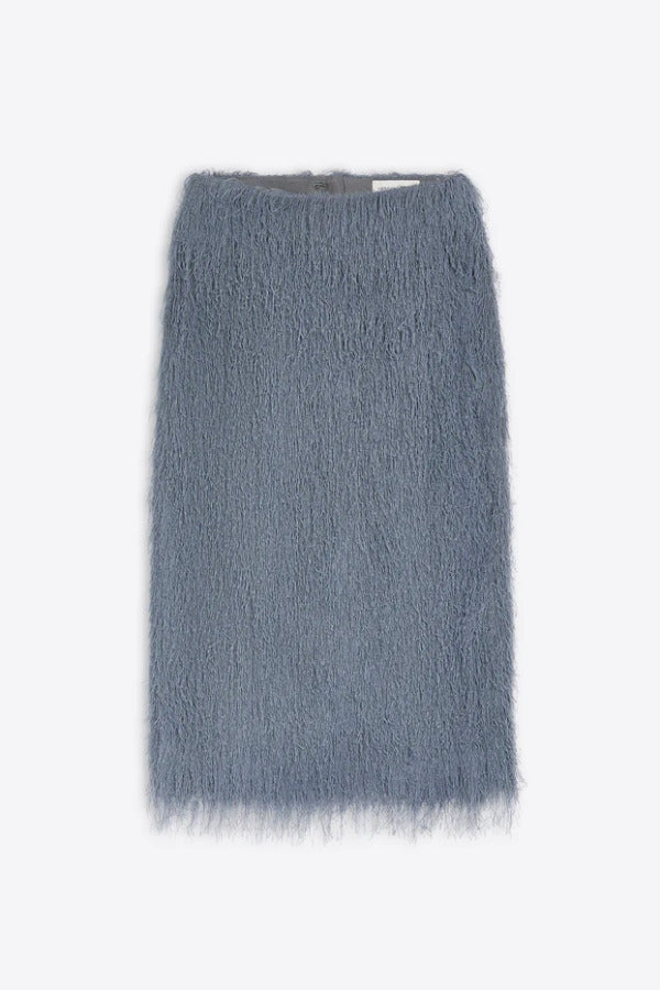 Front view of dark grey sonka tris fringed skirt on white background, with no model shown.