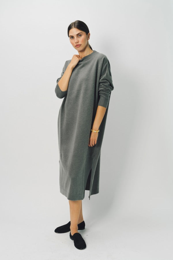 Alternate front view of storm iconic cashmere dress on model wearing loafers, against a white background.