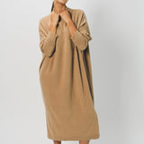 Alternate front view of bronzo iconic cashmere dress on mode wearing loafers, against a white background.