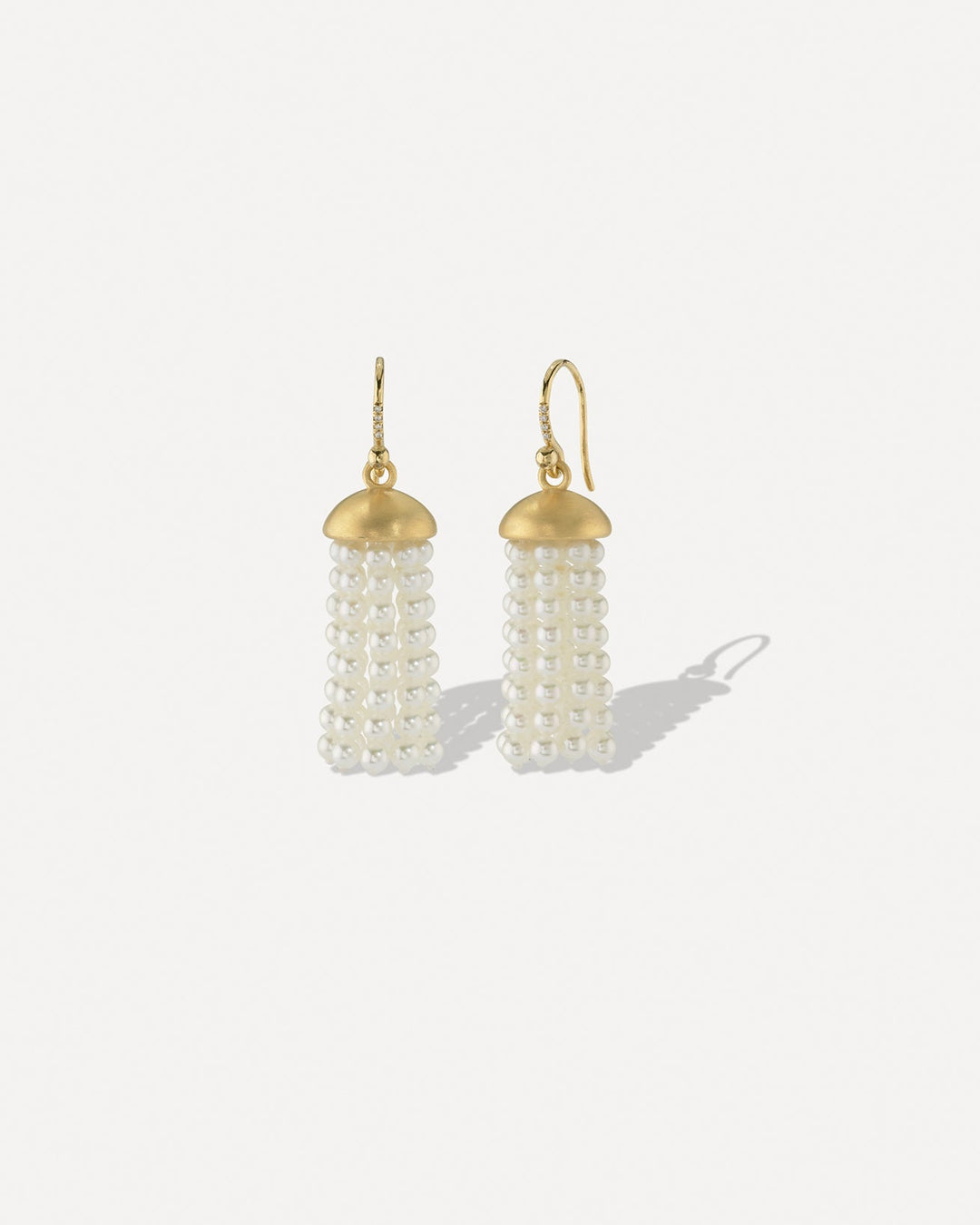 18K Yellow Gold Short Tassel Earrings with Akoya Pearl Strands on Diamond Pavé Earwire
