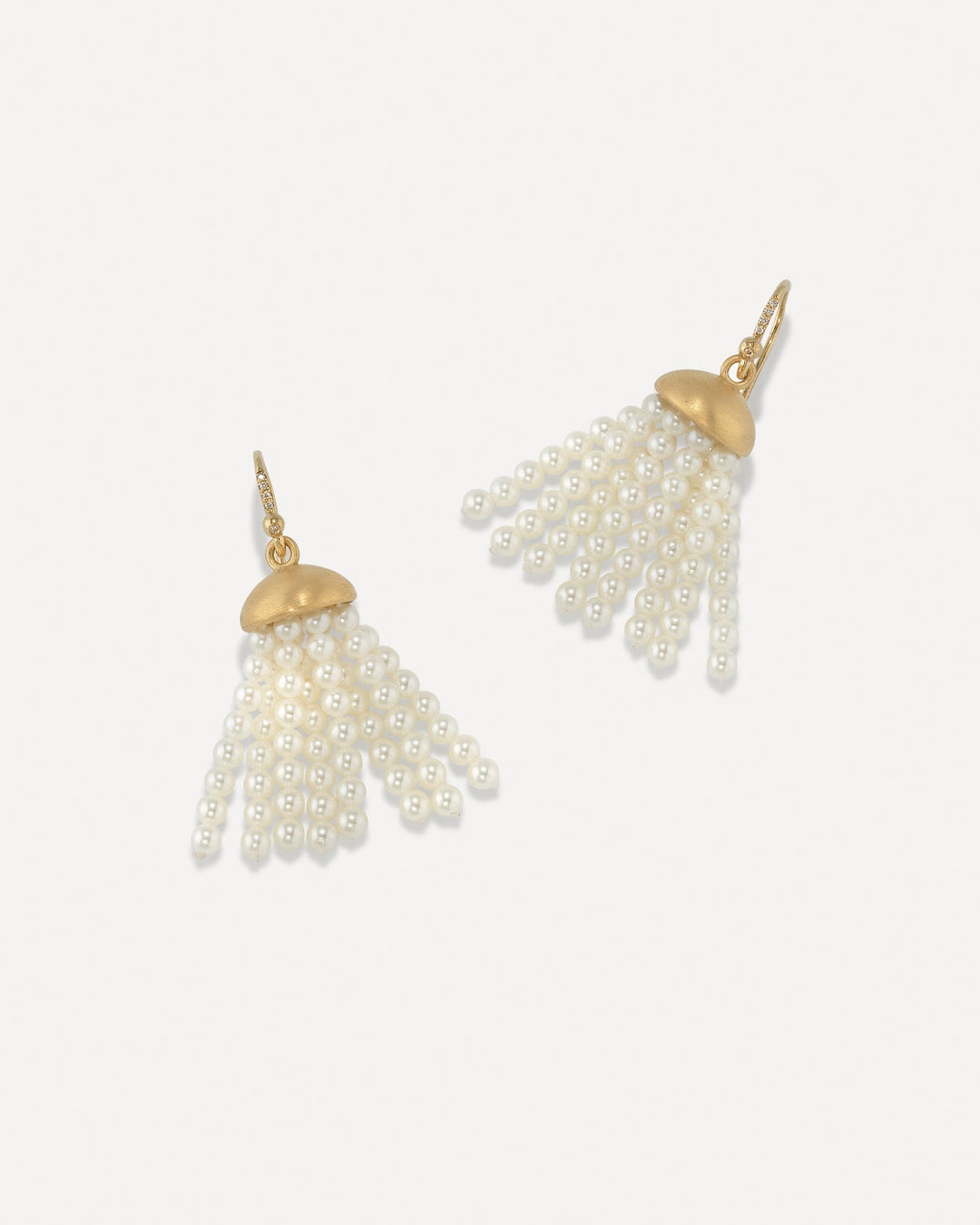 18K Yellow Gold Short Tassel Earrings with Akoya Pearl Strands on Diamond Pavé Earwire