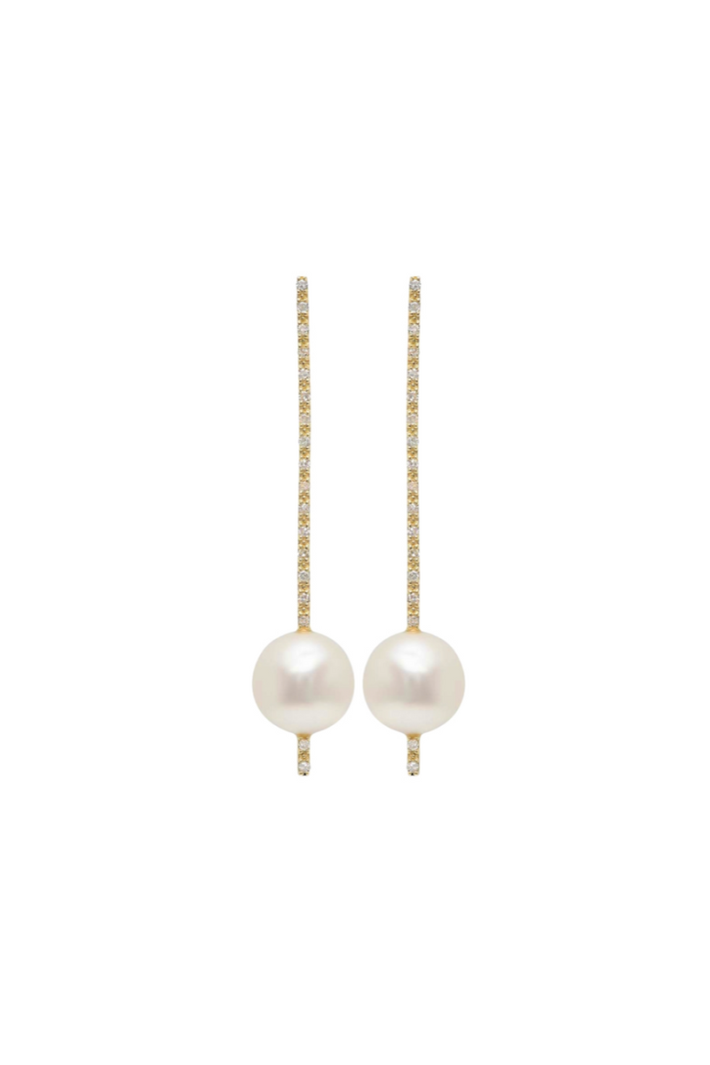 14K Yellow Gold Pearl and Diamond Stick Earrings