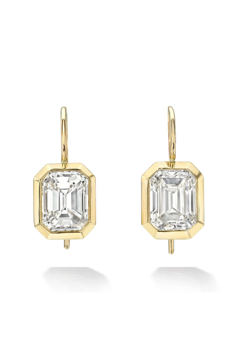 18K Yellow Gold Emerald Cut Bezel Set Earrings
