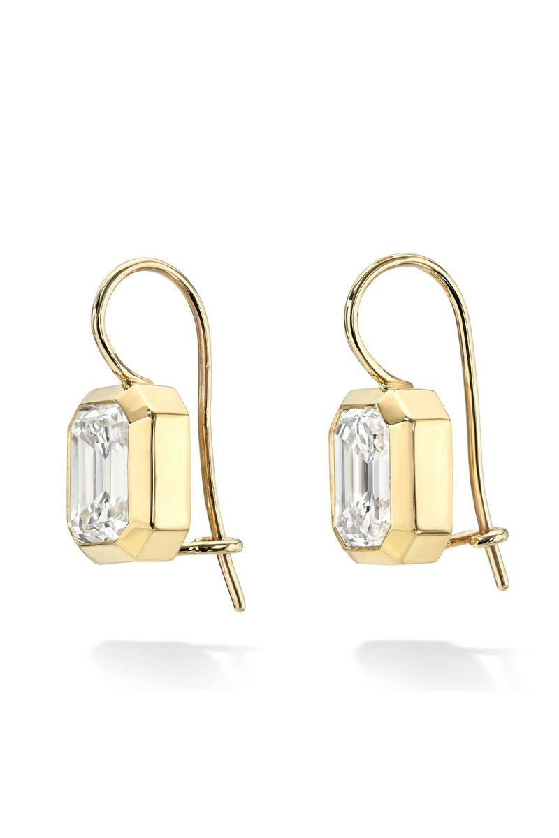 18K Yellow Gold Emerald Cut Bezel Set Earrings