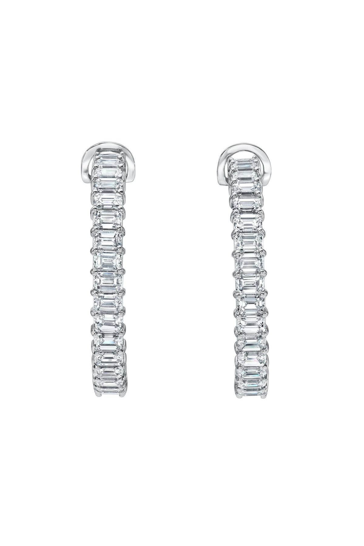 18K White Gold Emerald Cut Diamond Hoops (Large)