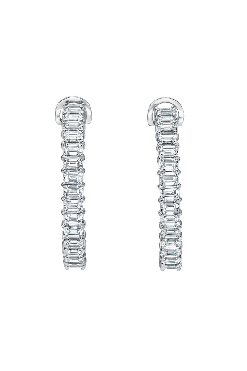 18K White Gold Emerald Cut Diamond Hoops (Large)