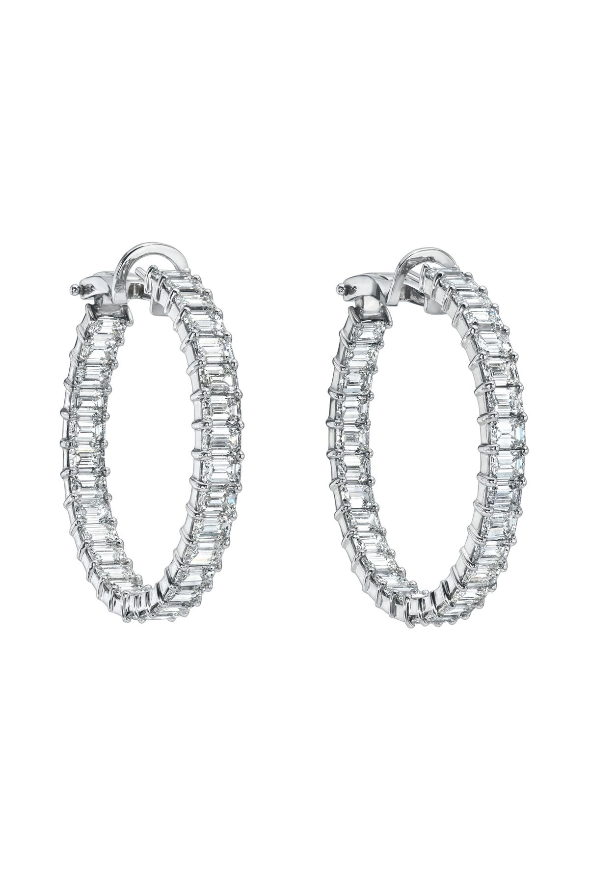 18K White Gold Emerald Cut Diamond Hoops (Large)