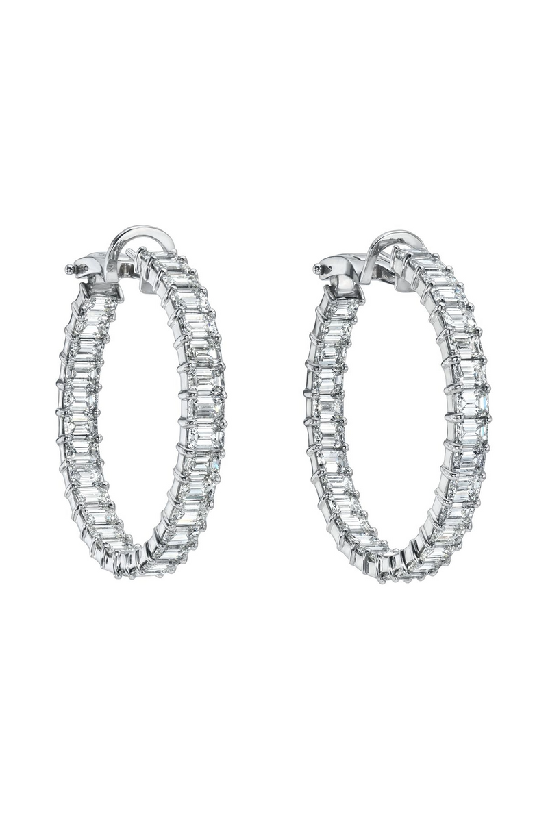 18K White Gold Large Emerald Cut Hoops