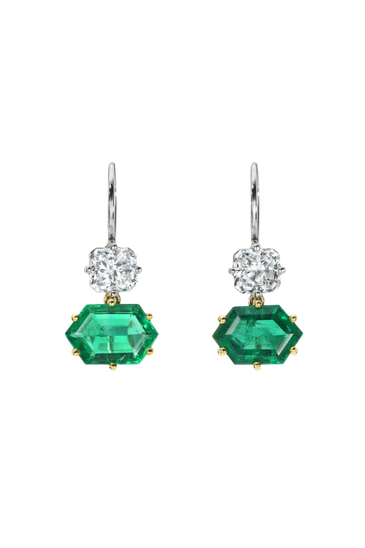 18K Yellow and White Gold Emerald Hexagon Earrings