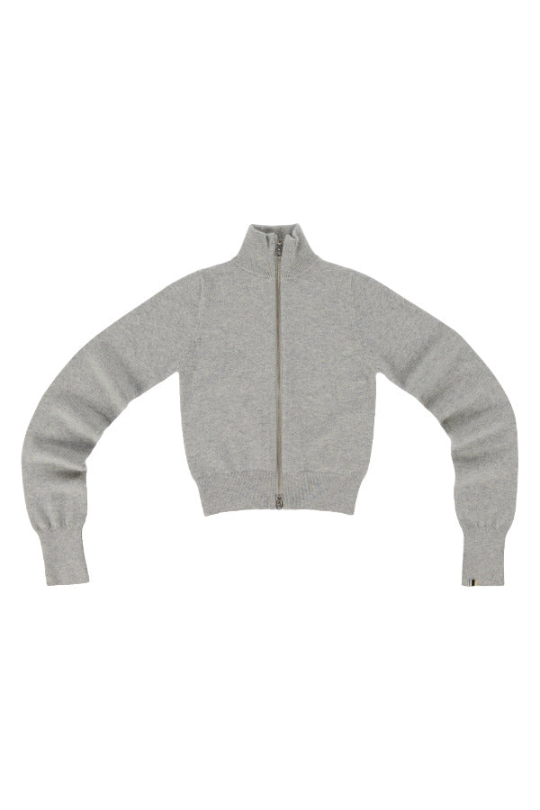 Front view of fill zip grey cardigan on white background with no model shown.
