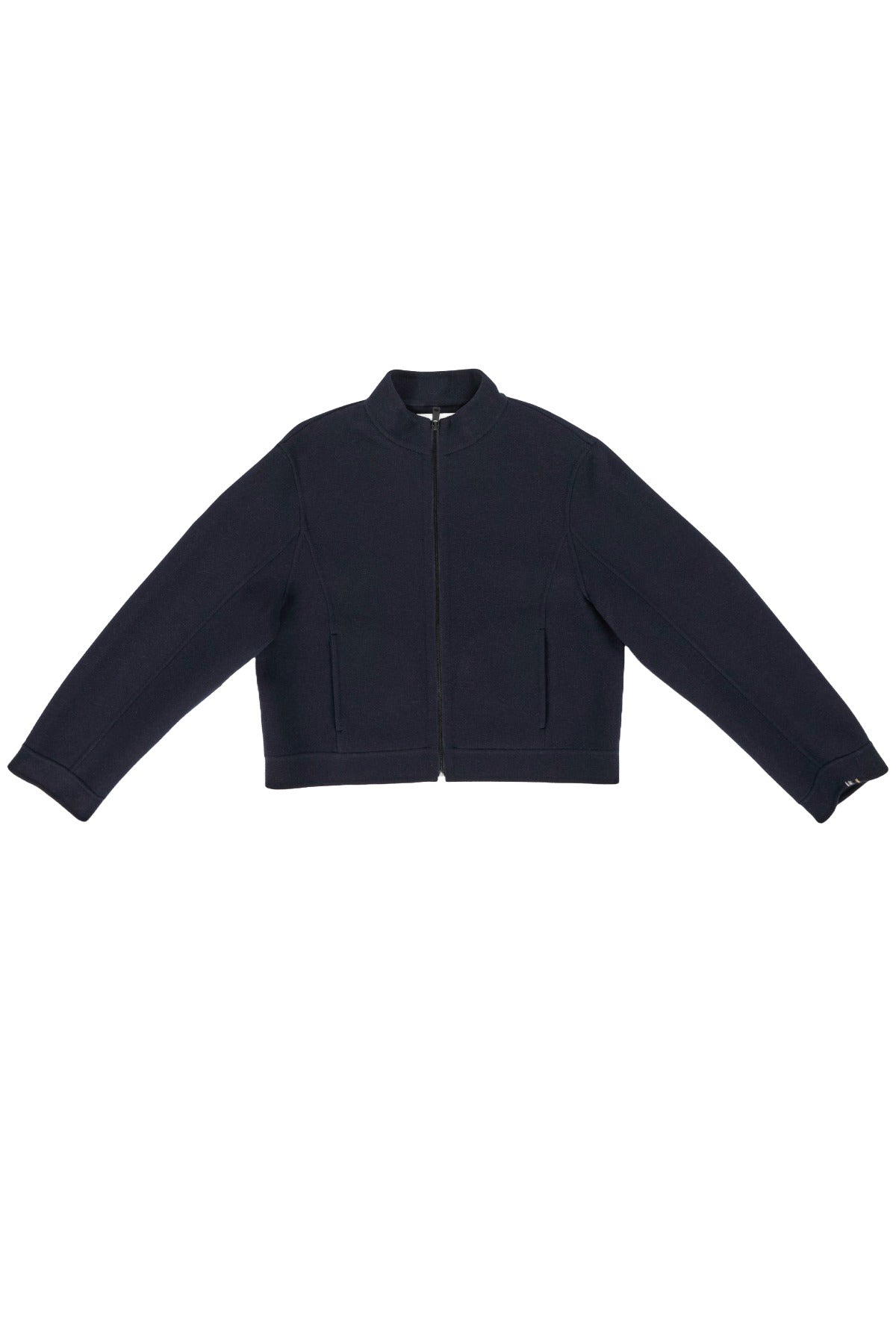 Front view of Navy Motor Double Face Jacket on white background, with no model shown.
