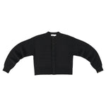 Front view of button down black cardigan on white background, with no model shown