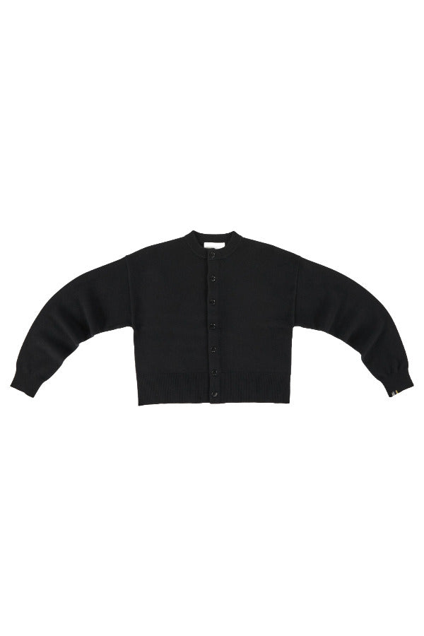 Front view of button down black cardigan on white background, with no model shown