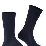 Right side pair view of navy sensitive london socks on white background, with no model shown.