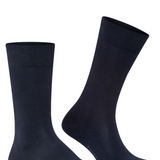 Right side pair view of navy sensitive london socks on white background, with no model shown.