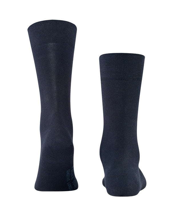 Back pair view of navy sensitive london socks on white background, with no model shown.