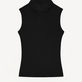 Front view of black turtle neck tank on white background, with no model shown.