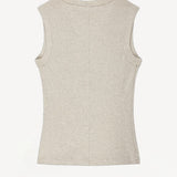 Back view of a heather grey v-neck tank on white background, with no model shown.