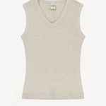 Front view of a heather grey v-neck tank on white background, with no model shown.