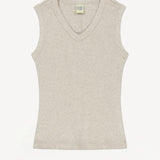 Front view of a heather grey v-neck tank on white background, with no model shown.