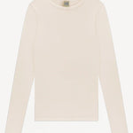 Front view of a off-white crew neck long-sleeve t-shirt on white background, with no model shown.