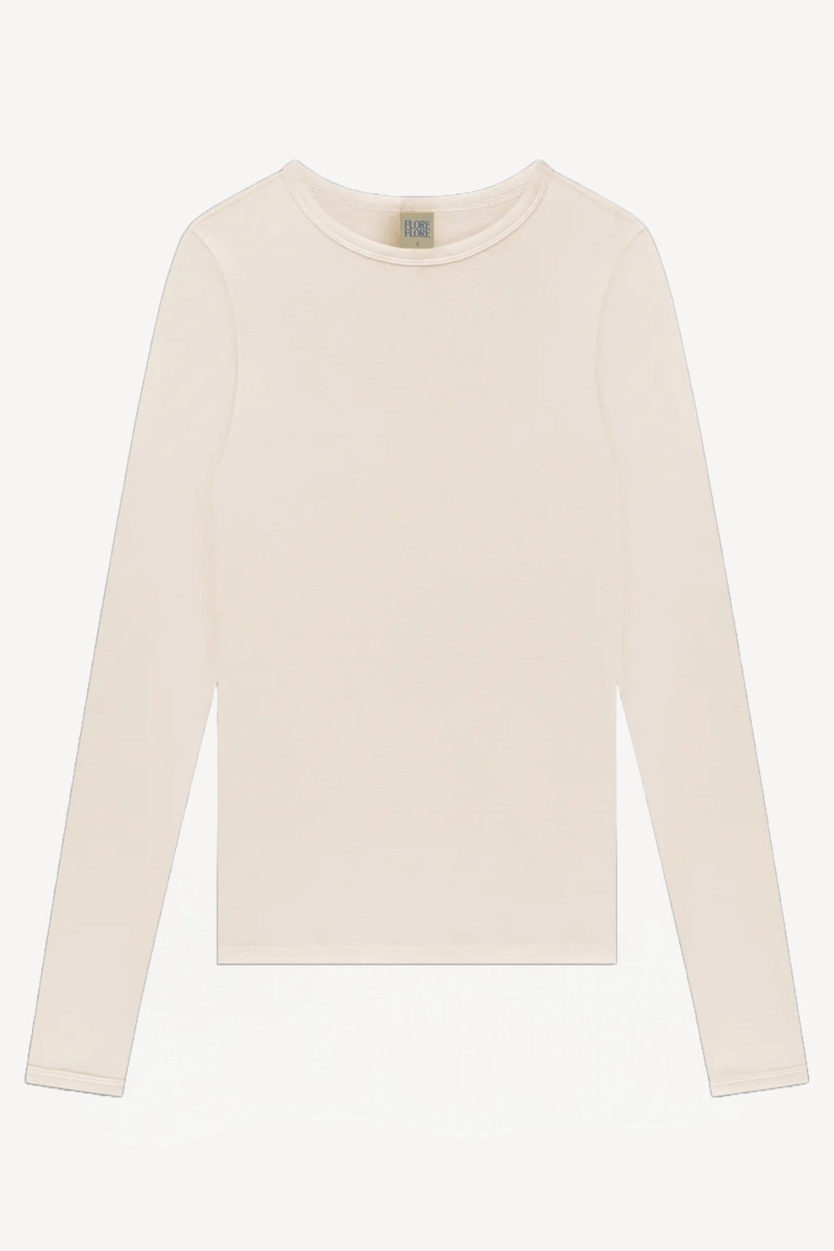 Front view of a off-white crew neck long-sleeve t-shirt on white background, with no model shown.