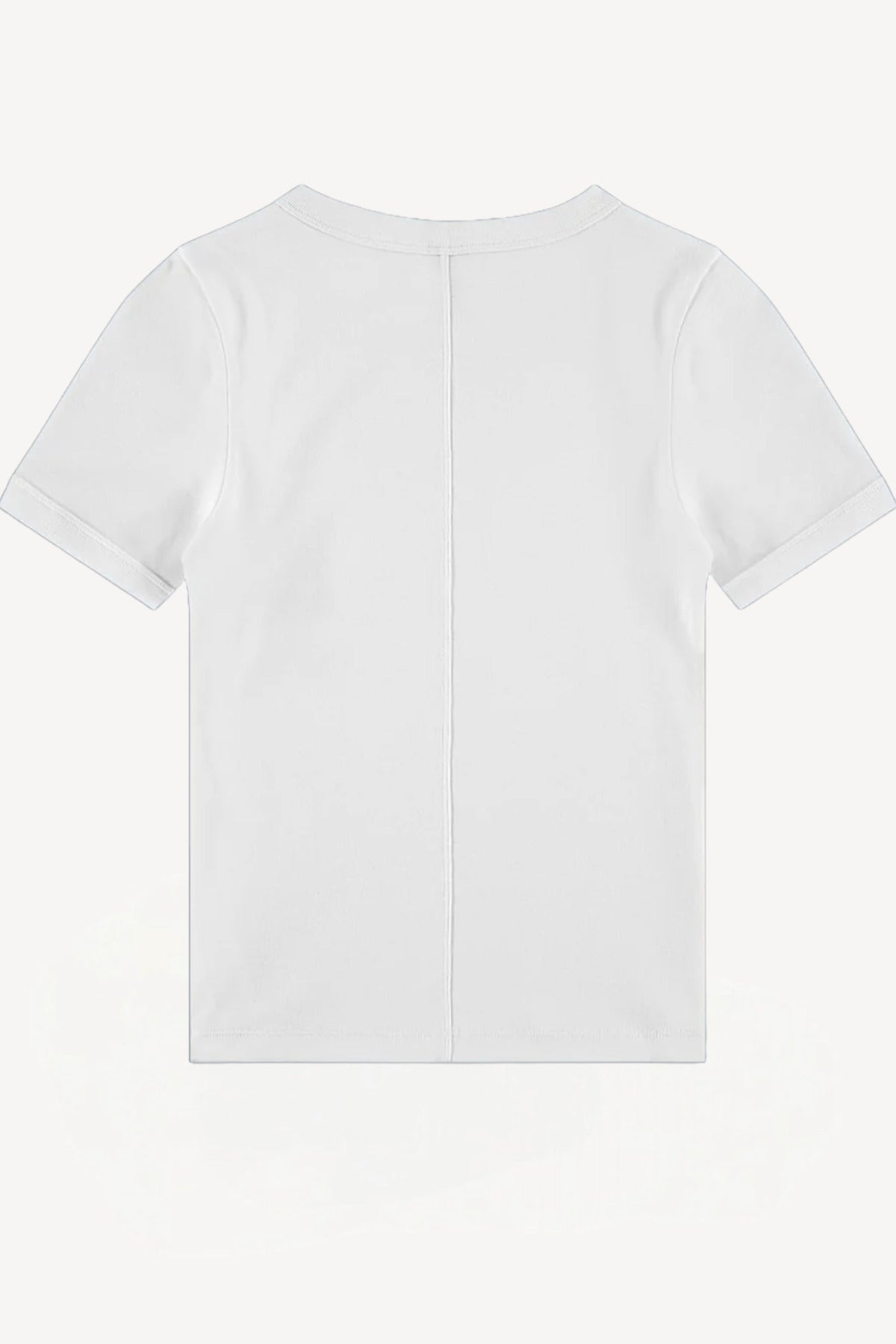 Back view of short sleeve crew neck t-shirt on white background, with no model shown.