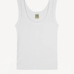 Front view of white scoop neck tank on white background, with no model shown.