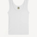 Front view of white scoop neck tank on white background, with no model shown.
