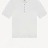 Front view of a white button down henley t-shirt on white background, with no model shown.