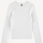 Front view of white crew neck long-sleeve t-shirt on white background, with no model shown.