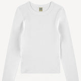 Front view of white crew neck long-sleeve t-shirt on white background, with no model shown.