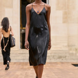 Dinah Slip Midi Dress in Black Metallic Silk Twill