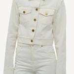 Front closeup view of white bronte jacket on model wearing white pants, against a white background.