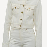 Front closeup view of white bronte jacket on model wearing white pants, against a white background.
