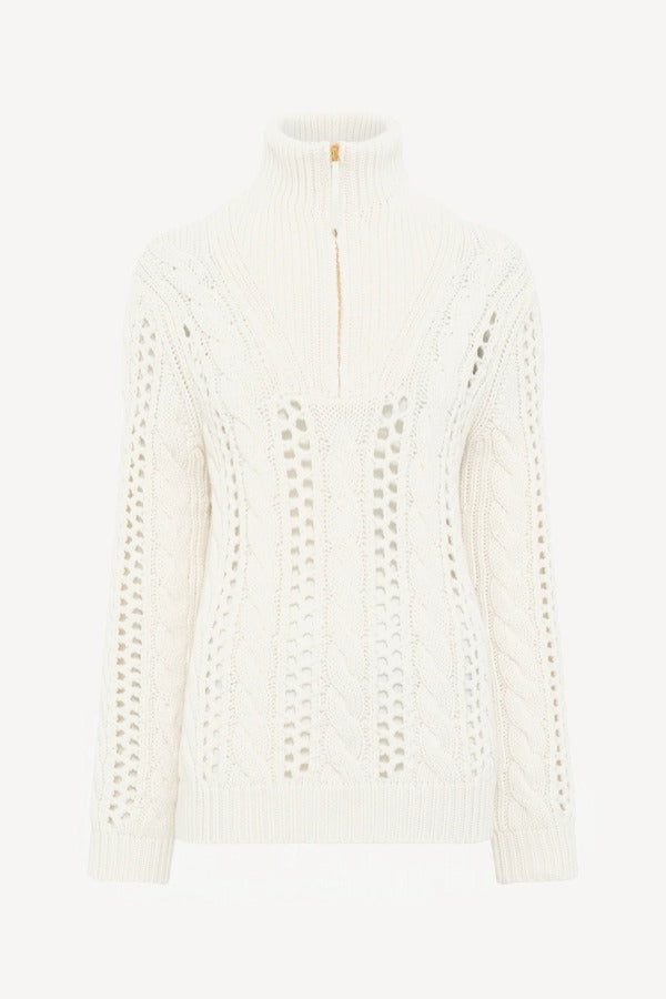 Front view of ivory cashmere idris mock funnel neck on white background, with no model shown.