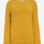 Front view of golden birch cashmere lawrence sweater on white background, with no model shown.