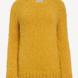 Front view of golden birch cashmere lawrence sweater on white background, with no model shown.