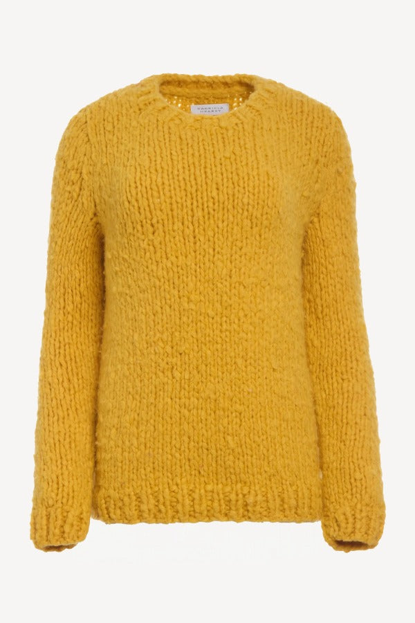 Front view of golden birch cashmere lawrence sweater on white background, with no model shown.